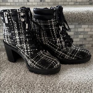 Tweed Lace-Up Block Heel Ankle Boots - Black & White